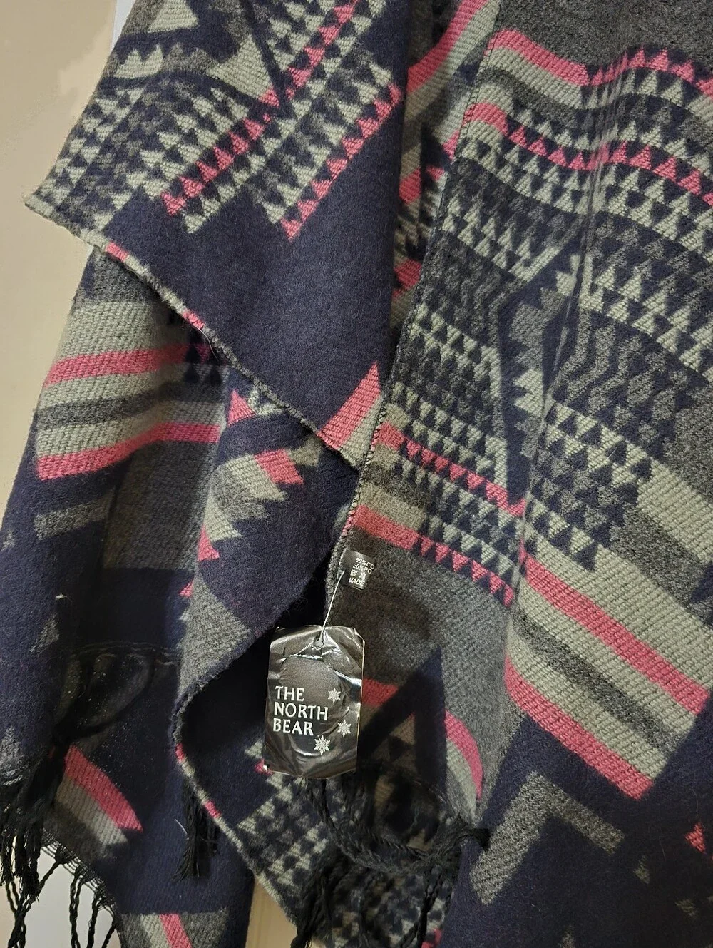 Navy Geometric Fringe Poncho Wrap with Pink & Gray Accents